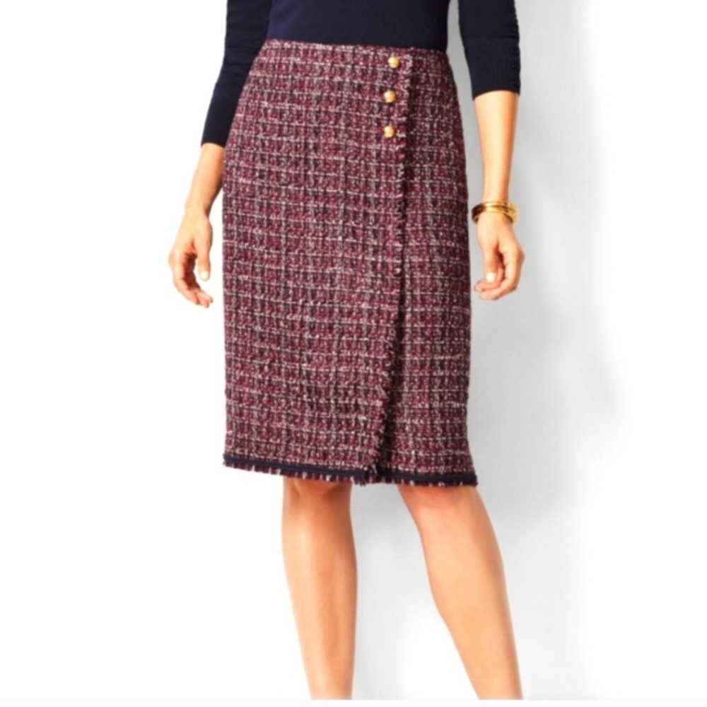 Talbots, NWT, Tweed Pencil Skirt, Fringe Bottom, Faux Wrap, Women's sz 4 Petite